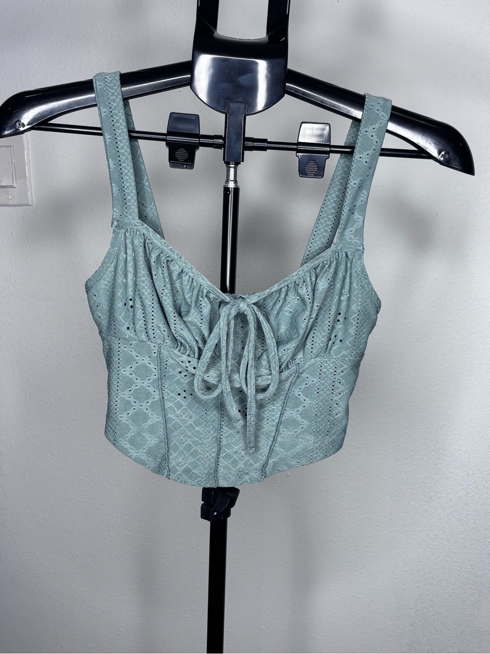 SHEIN Mint Green Eyelet Lace Tie Front Crop Top XS